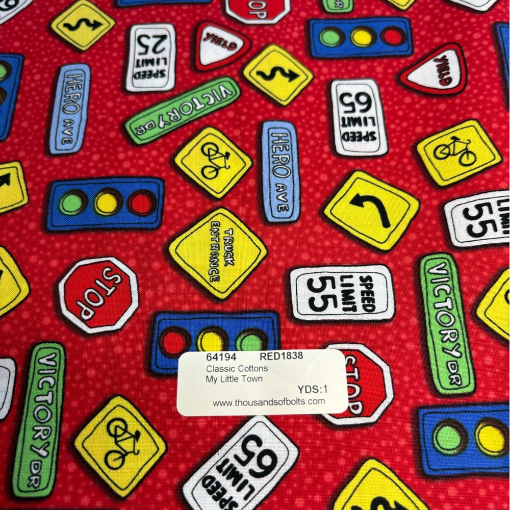 My Little Town  - (1) One Yard 100% Cotton - Colorful Street Signs - Red